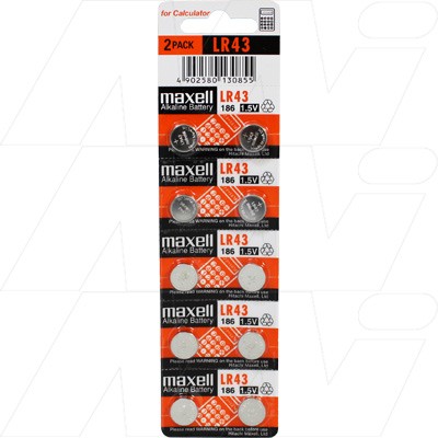 Maxell LR43 2 pack Alkaline Battery 12GA 10Pcs