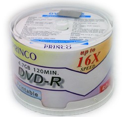 PRINCO Blank DVD-R 16x 50Pcs Cake Boxes, Inkjet Printable