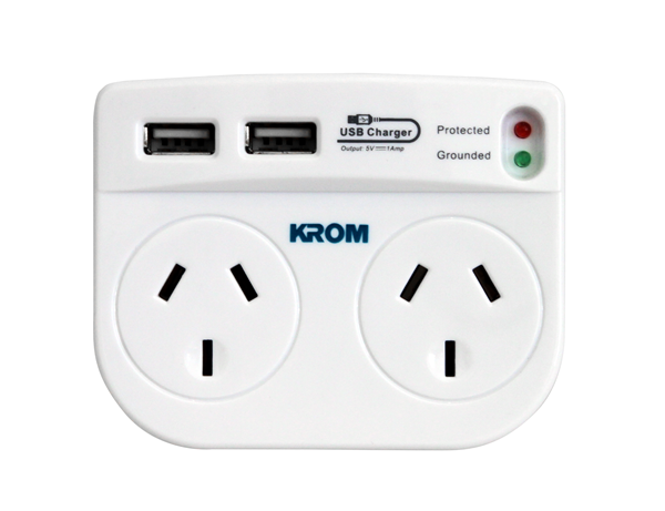 Krom Double Surge Adaptor with 2 USB Charging Ports